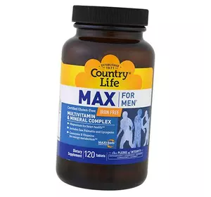 Витаминный комплекс для мужчин без железа, Max For Men Iron Free, Country Life  120таб (36124007)