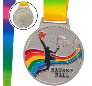 Медаль спортивная с лентой цветная Баскетбол C-0340     Серебряный (33508310)