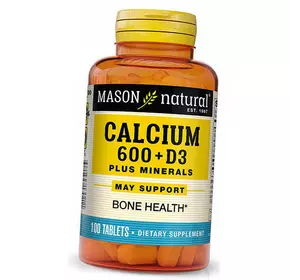 Кальций и Витамин Д3 с минералами, Calcium 600 + Vitamin D 3 Plus Minerals, Mason Natural  100таб (36529058)