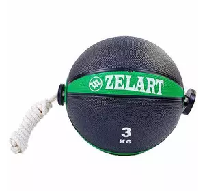 Мяч медицинский медбол с веревкой FI-5709 Zelart  3кг  Черно-зеленый (56363048)