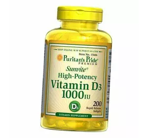 Витамин Д3, Холекальциферол, Vitamin D3 1000, Puritan's Pride  200гелкапс (36367049)