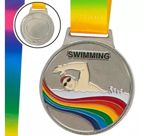 Медаль спортивная с лентой цветная Плавание C-0336     Серебряный (33508328)