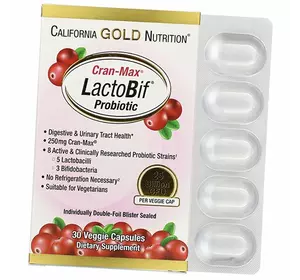 Пробиотики с Клюквенным концентратом, LactoBif Probiotics Cran-Max 25 Billion, California Gold Nutrition  30вегкапс (69427006)