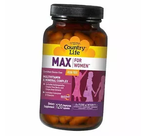 Мультивитамины для женщин без железа, Max for Women Iron Free, Country Life  120вегкапс (36124010)