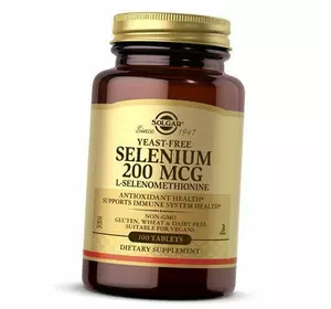 Селен, Бездрожжевой L-Селенометионин, Yeast-Free Selenium 200, Solgar  100таб (36313130)