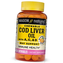 Масло печени трески, Витамины А, С и Д, Cod Liver Oil With Vitamin A, C & D Chewables, Mason Natural  100таб Апельсин (67529005)