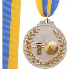 Медаль спортивная с лентой двухцветная Баскетбол C-4849     Серебряный (33508309)
