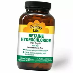 Бетаин Гидрохлорид с Пепсином, Betaine Hydrochloride, Country Life  250таб (72124018)