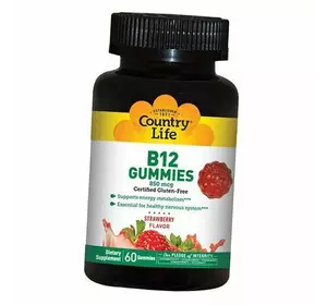 Витамин В12, Цианокобаламин, Vitamin B12 Gummies, Country Life  60таб Клубника (36124095)