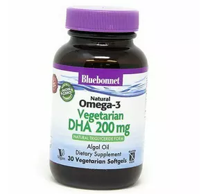 Омега 3, Докозагексаеновая Кислота, Omega-3 Vegetarian DHA 200, Bluebonnet Nutrition  30вег.гелкапс (67393006)