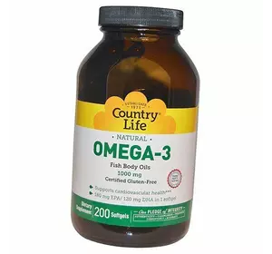 Рыбий жир, Омега 3, Omega-3 Fish Body Oil, Country Life  200гелкапс (67124003)