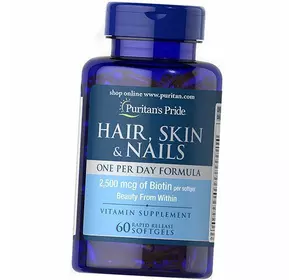 Формула для волос, кожи и ногтей, Hair, Skin & Nails One Per Day, Puritan's Pride  60гелкапс (36367060)