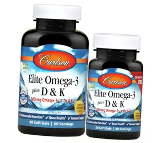Омега 3 с витаминами Д и К, Elite Omega-3 + D & K, Carlson Labs  90гелкапс Лимон (67353029)
