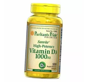 Витамин Д3, Холекальциферол, Vitamin D3 1000, Puritan's Pride  100гелкапс (36367049)