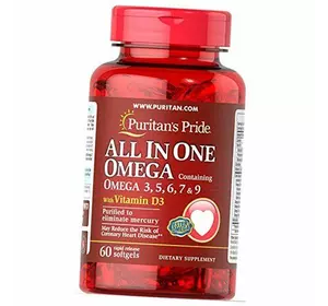 Омега Комплекс, All In One Omega 3-5-6-7 & 9 with Vitamin D3, Puritan's Pride  60гелкапс (67367001)
