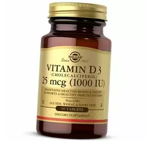Витамин Д3, Холекальциферол, Vitamin D3 1000 Tab, Solgar  90таб (36313177)