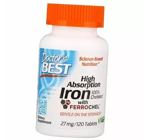 Легкоусвояемое Железо, High Absorption Iron with Ferrochel 27, Doctor's Best  120таб (36327071)