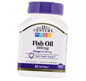 Рыбий жир, Омега 3 для сердца, Fish Oil 1000, 21st Century  60гелкапс (67440003)