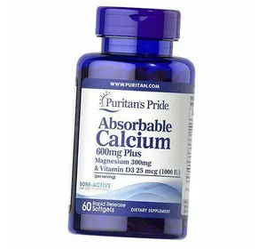 Абсорбируемый Кальций, Магний, Витамин Д3, Absorbable Calcium  plus Magnesium & Vitamin D, Puritan's Pride  60гелкапс (36367184)