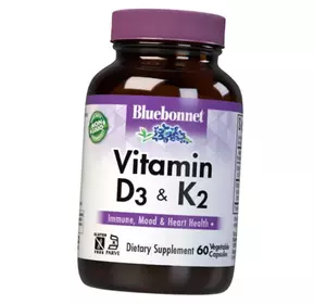 Витамины Д3 и К2, Vitamin D3 & K2, Bluebonnet Nutrition  60вегкапс (36393120)