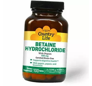 Бетаин Гидрохлорид с Пепсином, Betaine Hydrochloride, Country Life  100таб (72124018)
