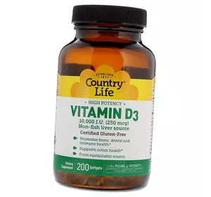 Витамин Д3, Vitamin D3 10000, Country Life  200гелкапс (36124113)
